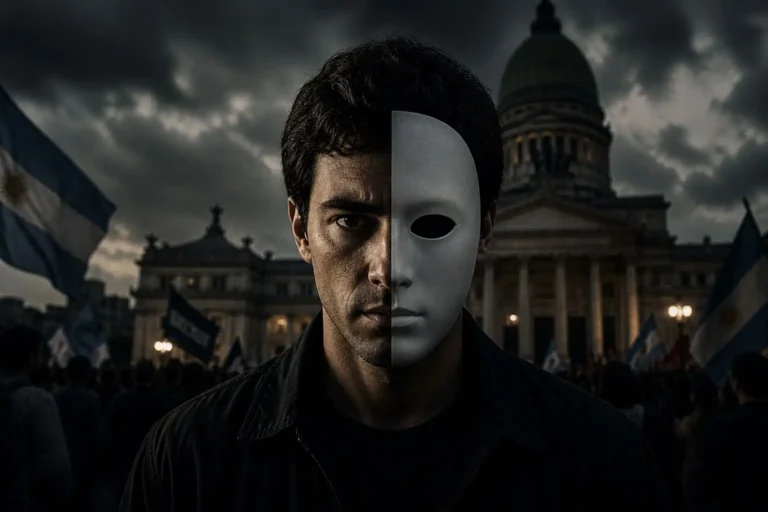 Hombre con expresión seria frente al Congreso de la Nación Argentina, con la mitad del rostro cubierto por una máscara blanca, representando el voto oculto y el sesgo de deseabilidad social en las encuestas.