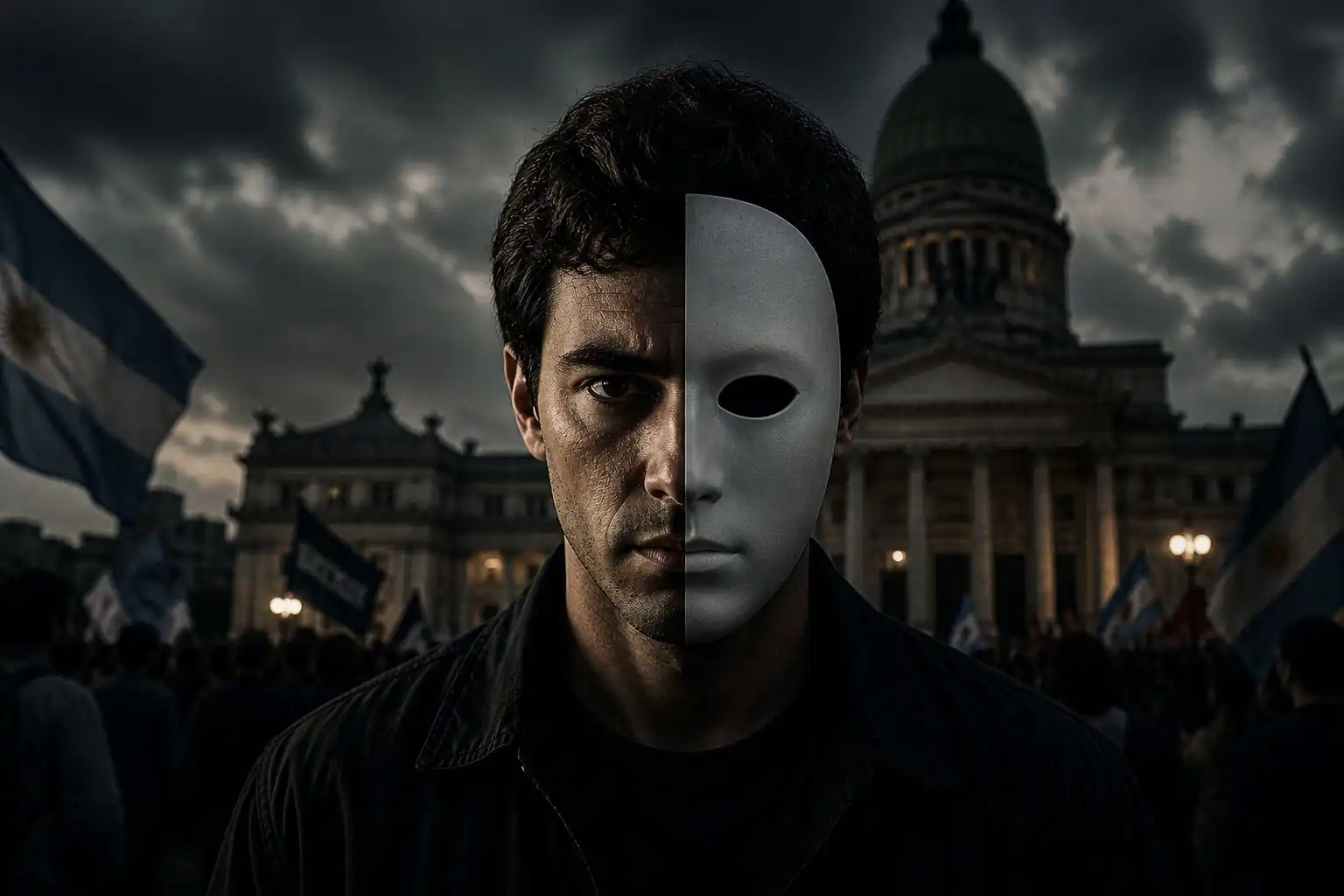 Hombre con expresión seria frente al Congreso de la Nación Argentina, con la mitad del rostro cubierto por una máscara blanca, representando el voto oculto y el sesgo de deseabilidad social en las encuestas.